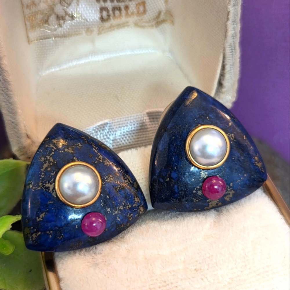 Stunning Custom 14k Lapis Lazuli, Ruby And Genuine Pearl Earrings